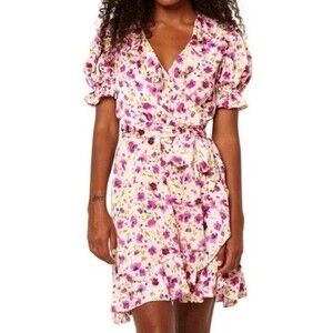 MISA Los Angeles Ruffle Pink Floral True Wrap Dress Size Medium Romantic Whimsy